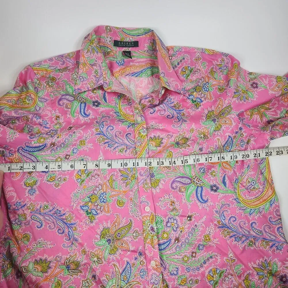 Lauren Ralph Lauren Cotton Pink Paisley Button-Down Blouse Barbie Core XL - Picture 7 of 9